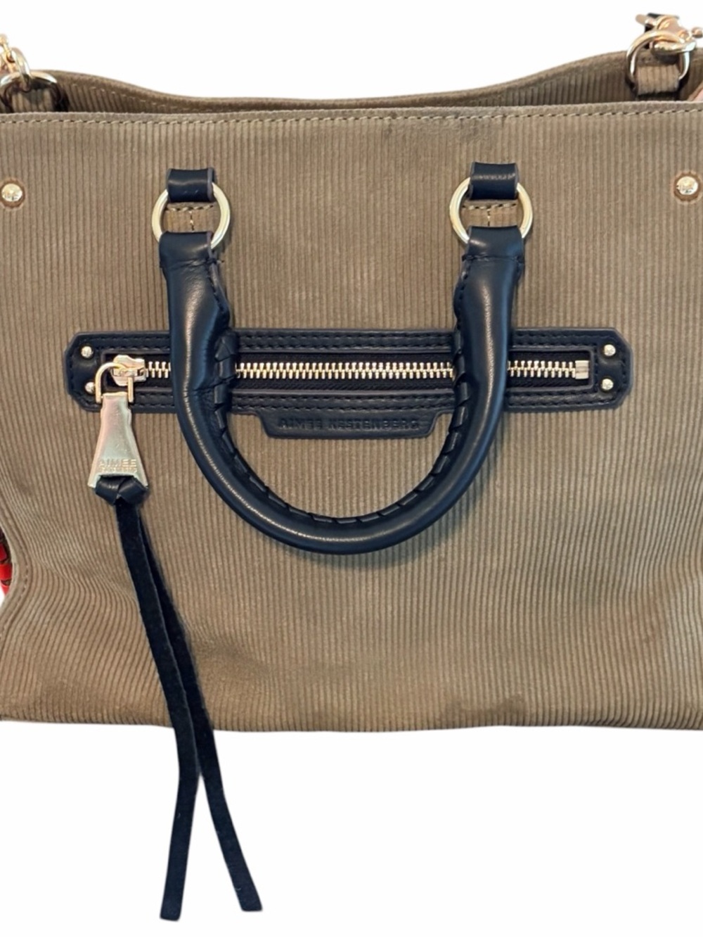 Aimee Kestenberg Corduroy Satchel Bag Taupe & Black Gold Hardware - Picture 5 of 10